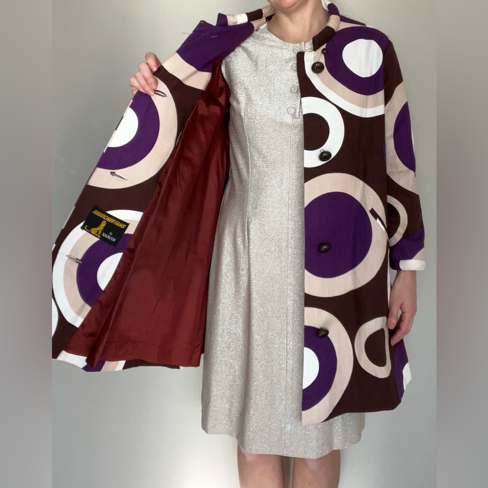 Vintage 60s 1960s mod swing coat women’s circles purple brown retro funky